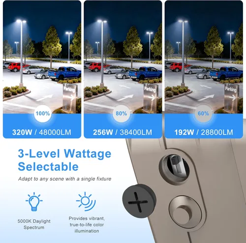 Miniatura 3 de Paquete de 2 luces LED de estacionamiento de 320 W, 48,000 lm, listado por UL, 320 W, 256 W, 192 W, ajustable, caja de zapatos, luz de poste