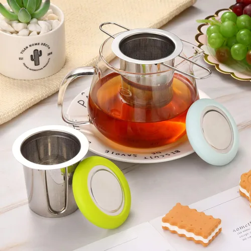 Miniatura 7 de 2 Infusores de té de acero inoxidable con mango plegable, filtro extra, filtro de malla fina, cesta de preparación con tapa para té de hojas sueltas