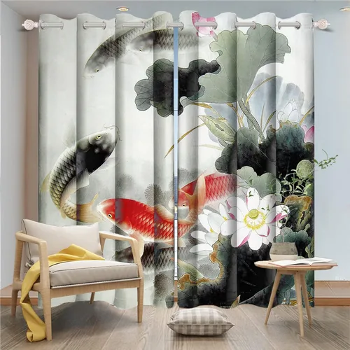 Miniatura 3 de Renaiss Cortinas de carpa para ventana, 29 pulgadas de ancho x 45 pulgadas de alto, pintura de tinta oriental, hojas de loto, lirio de agua negro