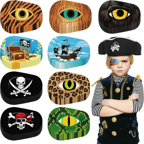 Panelee Parches adhesivos para los ojos para niños, parche para ojos de pirata de Halloween, material transpirable, bloqueo de luz, algodón, diseños