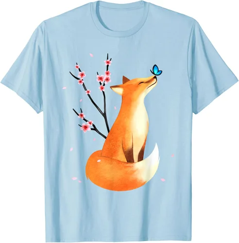 Camiseta de regalo vintage de flor de cerezo japonesa de zorro, Azul Patchwork, S