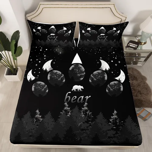 Manfei Sábana bajera ajustable de oso tamaño individual, funda de cama con silueta de árbol gris y negro con 1 funda de almohada, juego de ropa de
