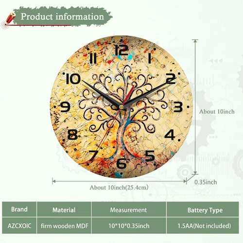 Miniatura 2 de Reloj de pared vintage, funciona con pilas, reloj de árbol para sala de estar, dormitorio, baño, cocina, 10 pulgadas Árbol de la vida vintage
