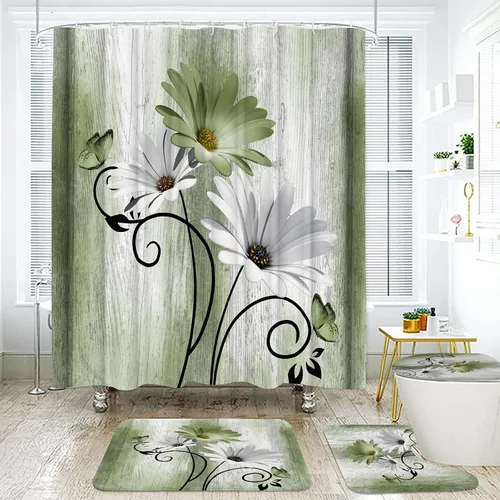 Miniatura 14 de Onalasyc Juego de 4 Piezas de Cortinas de Ducha con Flores de Margaritas Azules y Plantas, Cortina de Ducha y Alfombra y Accesorios, Juego