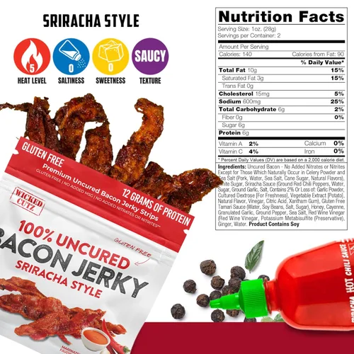 Miniatura 2 de Sriracha - Carnívoro con sabor a tocino, 0.42 oz de proteína por bolsa, tierno y fácil de masticar, tocino totalmente cocido, hecho en Estados