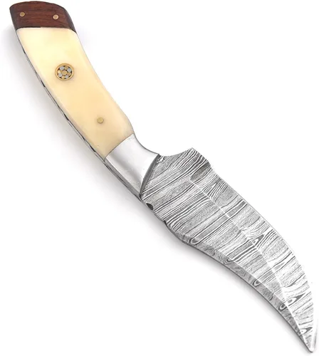 Miniatura 3 de Cuchillo de caza de Damasco hecho a mano de 8.25 pulgadas - Cuchillos de hoja fija con mango de hueso y funda de cuero - Cuchillo personalizado