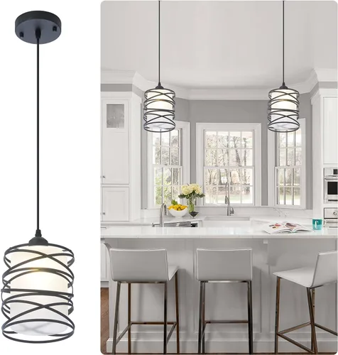 Lámpara Colgante Mini Moderna Accesorio de Luz Colgante para Isla de Cocina Iluminación Colgante 6.30'' Jaula Espiral Negro Mate y Pantalla de 1