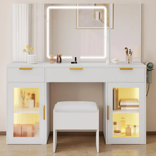 Miniatura 10 de DWVO Tocador de maquillaje con parte superior de vidrio de 46 pulgadas con 10 cajones, juego de escritorio con espejo LED grande, estación de carga