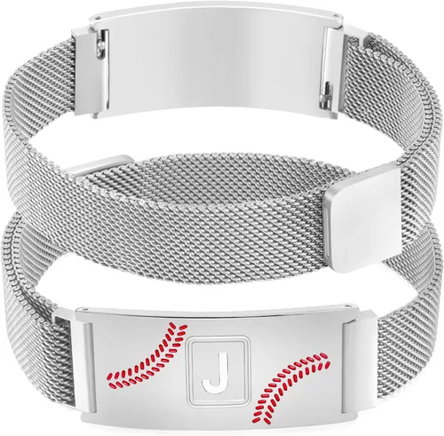 Miniatura 26 de Fervia Regalos de graduación de Pascua para hombres, pulsera con inicial de béisbol, color negro, plateado, dorado, acero inoxidable, pulseras
