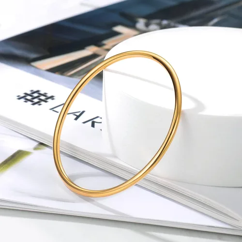 Miniatura 6 de Kainier Pulsera de 3mm de Acero Inoxidable Chapada en Oro de 14 Quilates, Brillante, Apilable, Delgada, Redonda, Brazalete de Bangle para Mujeres