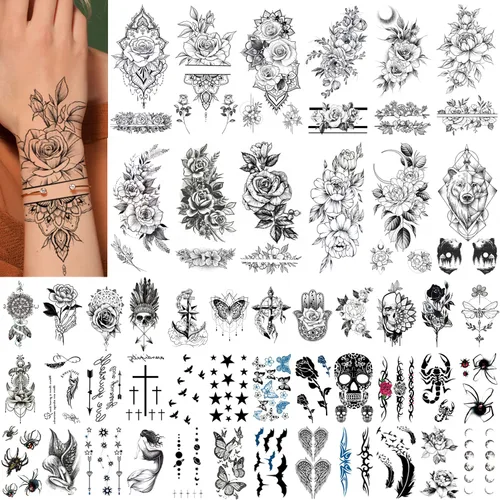 GLARYYEARS Tatuaje temporal floral, paquete de 48 tatuajes de flores realistas de tamaño grande + pequeño, paquete variado de calcomanías de tatuaje