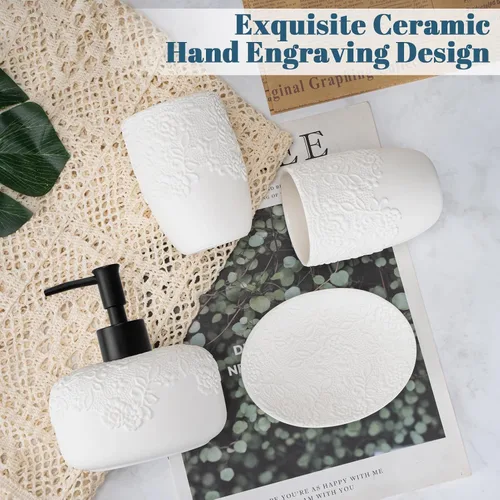 Miniatura 4 de Juego de accesorios de baño, 4 piezas de cerámica con diseño en relieve, dispensador de jabón de baño de 13.5 onzas y 2 vasos de cerámica, 1 jabonera