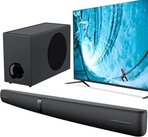 Barra de Sonido 2.1 con Subwoofer, Barra de Sonido de 110W para Smart TV con Bajo Profundo Ajustable y Aumento de Volumen y 3 Modos de EQ,