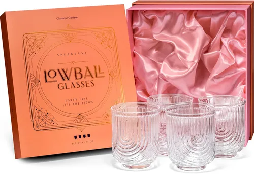 GLASSIQUE CADEAU Vasos de cóctel vintage Art Deco Lowball Gatsby | Juego de 4 vasos dobles antiguos de 13 onzas para beber whisky clásico, ginebra,