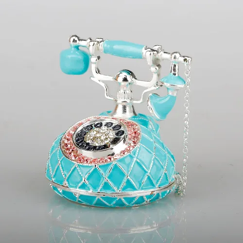 SEVENBEES Figuras de teléfono turquesa, caja esmaltada con bisagras con cristales rosados, joyeros decorativos, coleccionables, regalos para niñas o