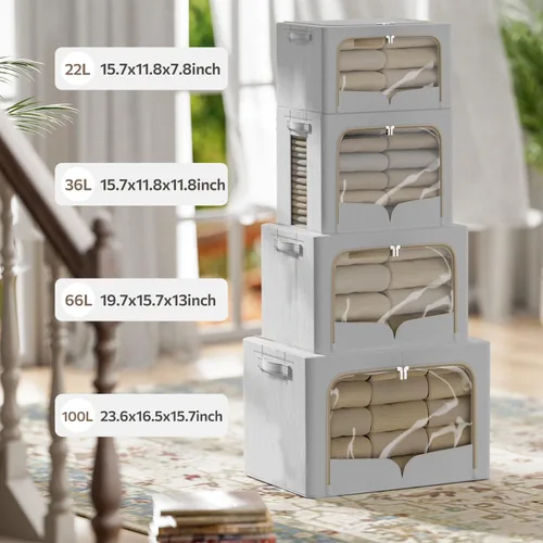 Miniatura 4 de FHSQX Paquete de 3 contenedores de almacenamiento de ropa, caja de almacenamiento plegable con marco de metal, juego organizador apilable de tela