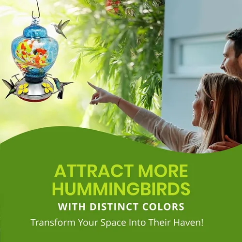 Miniatura 3 de Comedero de colibrí – Cristal soplado HQ – Nectar de alta capacidad – Colores vibrantes que atraen colibríes – Kit de montaje gratuito, Explosión