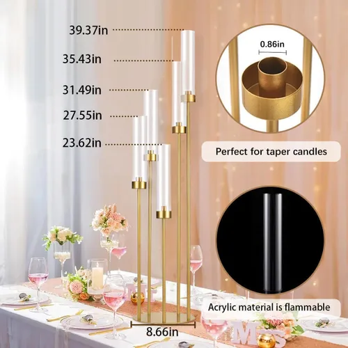 Miniatura 3 de Candelabro de 5 brazos con pantalla acrílica, juego de 4 candelabros dorados para mesa de boda, fiesta de cumpleaños, decoración del hogar, 39.4