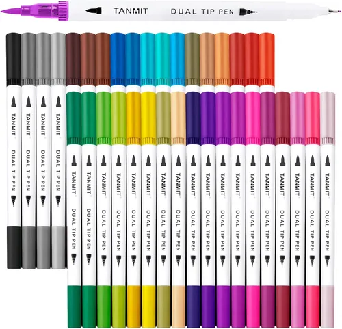 Marcadores de doble pincel para libros de colorear, juego de marcadores de punta fina y pinceles de Tanmit para llevar un diario, tomar notas, 36