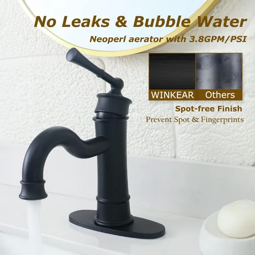 Miniatura 3 de Grifo de baño estilo romano de lavabo negro mate de un solo agujero con montaje en cubierta, drenaje emergente con placa de cubierta y Mate negro