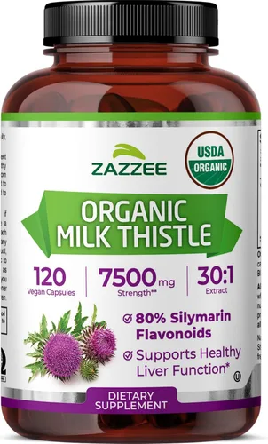 Zazzee Extracto de Cardo Mariano Orgánico USDA 30:1, 7500 mg de Potencia, 120 Cápsulas Veganas, 80% Flavonoides de Silimarina, Extracto