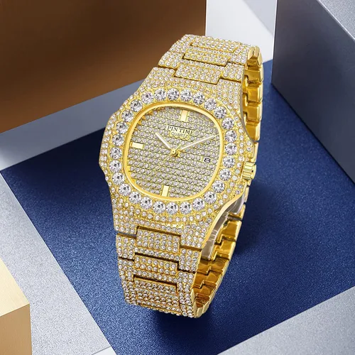 Miniatura 33 de Gosasa Reloj de pulsera unisex de cristal para hombre y mujer, reloj cubano con brillo completo, oblongo de plata/oro, reloj de pulsera de acero
