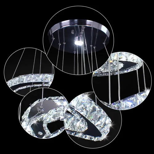 Miniatura 7 de Candelabro LED moderno contemporáneo de 2 anillos, luz colgante ajustable de acero inoxidable y cristal, accesorio de iluminación de techo