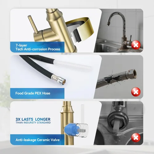 Miniatura 7 de Grifo de cocina dorado con rociador, grifo de fregadero de cocina de una sola manija con rociador extraíble, bronce champán, Arofa