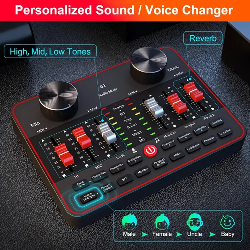 Miniatura 2 de Mezclador de audio, placa de sonido para transmisión en vivo, canto y juegos en PC/teléfono, interfaz de audio para micrófono de 3.5 mm, tarjeta