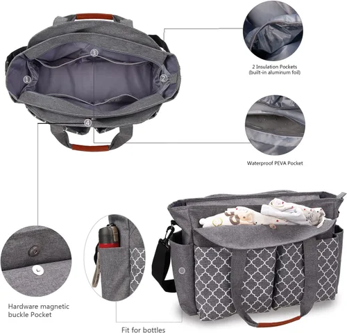 Miniatura 2 de Bolsa de pañales grande para bebé cambiador para mamá con cambiador Gris