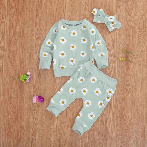 Miniatura 6 de CIYCUIT Conjunto de 3 piezas de sudadera de margaritas + pantalones + diadema, ropa infantil de otoño e invierno