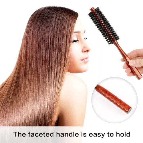 Miniatura 7 de Mozeat Lens Cepillo redondo de cerdas de jabalí, cepillo de pelo para mujeres y hombres, pelo corto y fino, barba, mango de madera natural