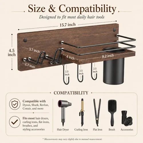 Miniatura 2 de RoleDes Soporte de madera para secador de pelo montado en la pared, organizador de herramientas de pelo de baño, estante de soporte para secador