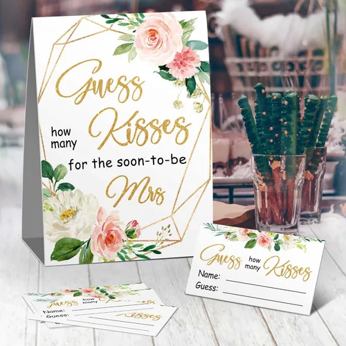 Miniatura 2 de Juego de despedida de soltera How Many Kisses, flores rosas en acuarela, adivina cuántos besos para el pronto será señora, fiesta de tribu nupcial