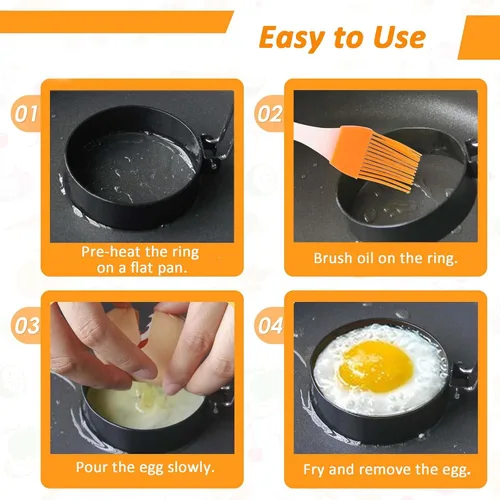 Miniatura 5 de 4 anillos antiadherentes de acero inoxidable para huevos de diferentes formas con 1 cepillo de aceite y 1 separador de huevos, moldes de huevo
