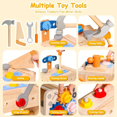 Miniatura 2 de TONZE Juego de herramientas para niños con delantal, caja de banco de herramientas de madera para niños pequeños, juguetes Montessori para niños