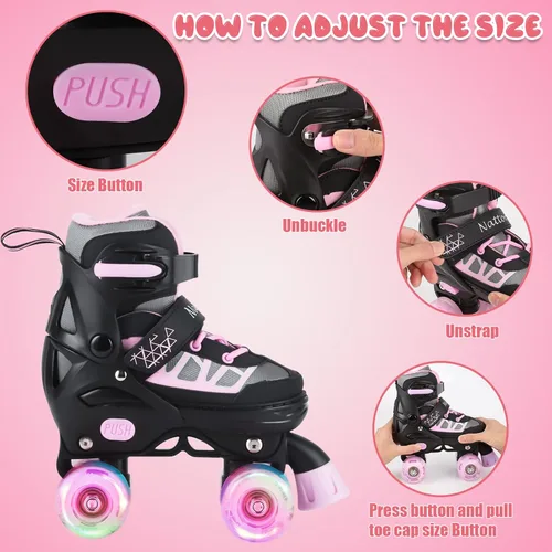 Miniatura 4 de Nattork - Patines de ruedas para niños y niñas, 4 tamaños, patines ajustables con ruedas iluminadas, divertidos patines para niños pequeños, Rosa
