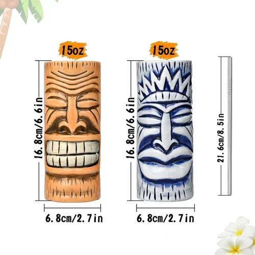 Miniatura 2 de Tiki - Juego de 2 tazas de cerámica hawaianas con pajitas de 15 onzas, hechas a mano, diseño único para fiestas