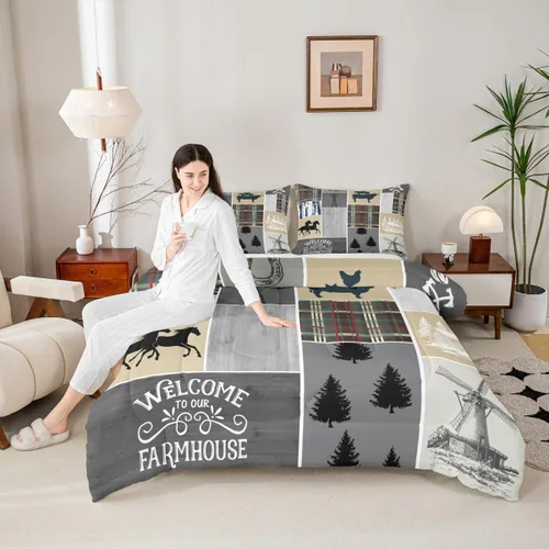 Miniatura 28 de Juego de edredón de oso y ciervo, tamaño individual, ropa de cama de animales salvajes de caza, colcha rústica de cabaña, casa de campo, cuadros