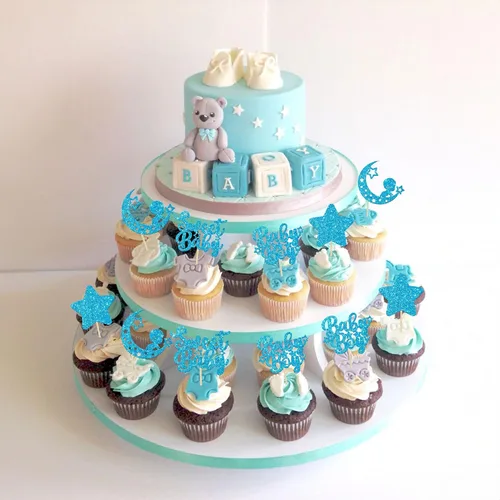 Miniatura 7 de Gyufise 24 piezas de adornos azules para cupcakes para bebé, con purpurina azul, estrellas, luna, dulce baby shower, niño, cupcakes para baby