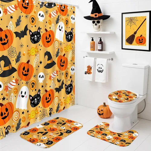 Mocsicka Juego de 4 cortinas de ducha de Halloween para baño, juego de baño de calabaza y fantasma de dibujos animados con alfombras