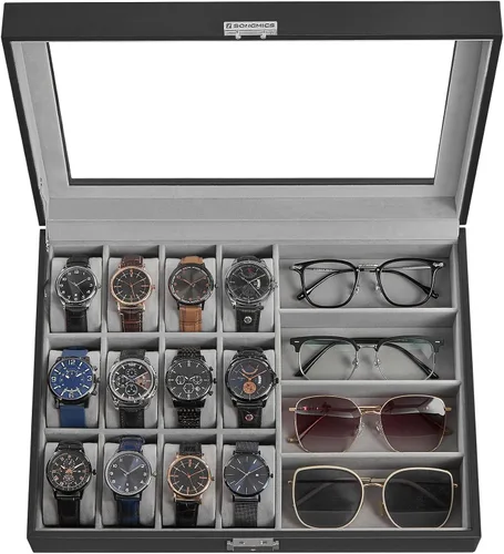 Miniatura 9 de SONGMICS 24 organizador y exhibidor negro de calidad superior, de vidrio, con funda para reloj, de piel sintética UJWB024