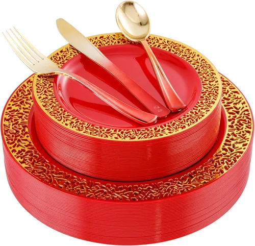U-QE 150 platos de plástico rojo y dorado, platos desechables rojos con borde dorado para 30 invitados que incluyen 30 platos de cena de 10.25