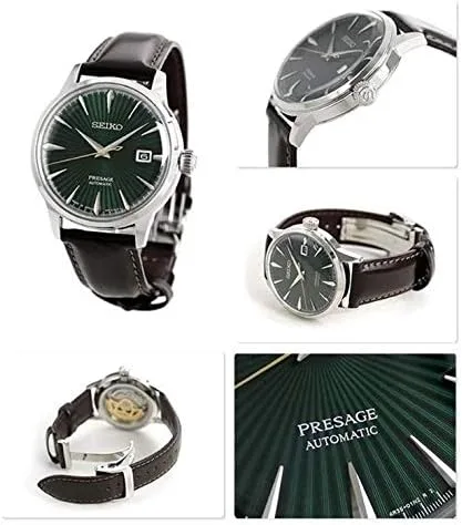 Miniatura 3 de SEIKO Mens PRESAGE 'Mockingbird' Cocktail Dial verde con reloj de cuero marrón SRPD37J1, Blanco, Moderno