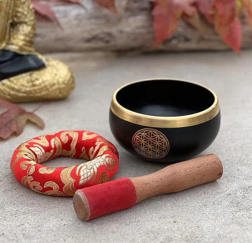 Miniatura 5 de Juego de cojines tibetanos con diseño de flor de la vida, para meditación, yoga, curación espiritual y atención plena, tamaño mediano (negro)