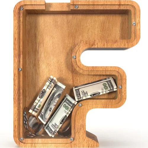 Miniatura 40 de Alcancía para niños y niñas, alcancía grande de madera personalizada con diseño recortado, bancos de monedas con letras del alfabeto, caja de ahorro