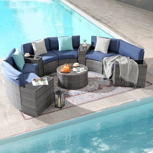 SUNSITT Muebles de patio para exteriores, 11 piezas, juego de muebles de patio redondos seccionales de media luna, sofá curvado para exteriores con