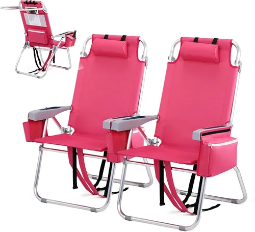 Miniatura 11 de VINGLI Silla de Playa Alta Paquete de 2 Ligera, Silla de Playa Tipo Mochila para Adultos con 5 Posiciones, Bolsa Refrigeradora, Portavasos, Barra