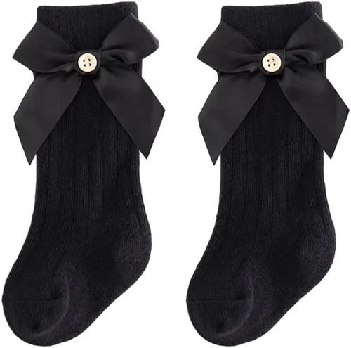 Miniatura 12 de QandSweet Calcetines altos hasta la rodilla para bebé, recién nacido, sin costuras, para niñas pequeñas, con lazo grande, de algodón