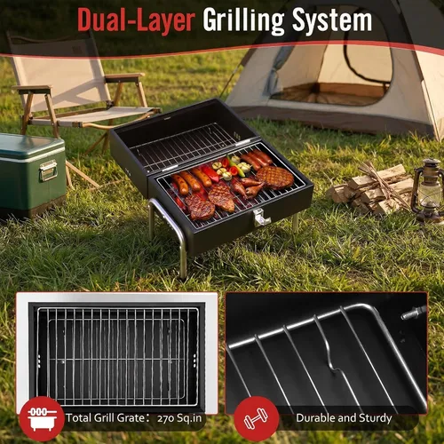 Miniatura 3 de Parrilla de carbón portátil, parrilla de mesa pequeña para barbacoa al aire libre, para camping, playa, fácil montaje, parrilla pequeña multiusos